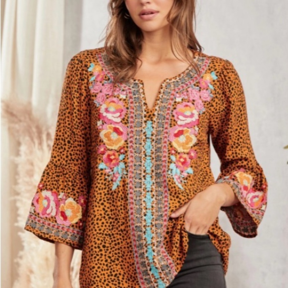 Embroidered Floral Boho Top - Brown